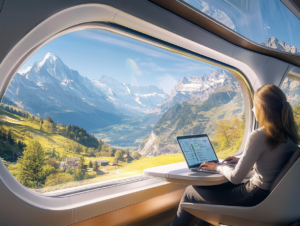 A modern high speed electric train gliding through Swiss Alps powered by renewable energy A digital nomad works on laptop while enjoying mountain views through panoramic windows Infographics show CO2 savings vs air travel Futuristic sustainable transport sleek design