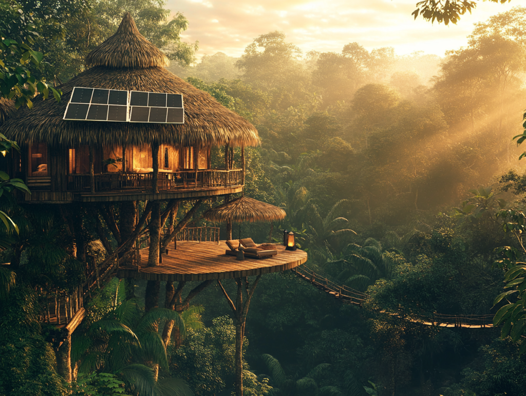 A sustainable treehouse hotel nestled in Costa Rica's lush rainforest, built with reclaimed wood and solar panels. A traveler relaxes on a bamboo deck overlooking toucans in the canopy, with composting toilets and rainwater collection systems visible. Certified eco-tourism design, golden hour lighting, National Geographic realism.