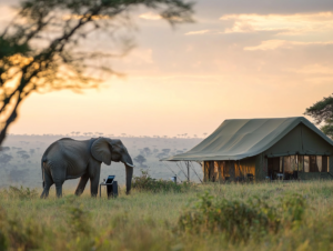 Luxury tented camp in Kenya running entirely on solar energy with charging stations powered by portable panels Guests observing elephants through binoculars at sunrise High-end sustainable tourism elegant eco-design