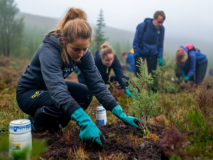 Young volunteers planting native trees in Scottish Highlands, helping restore ancient forests. Work gloves, saplings, and reusable water bottles scattered around. Rewilding Europe initiative logo visible. Inspiring environmental action, misty morning atmosphere.